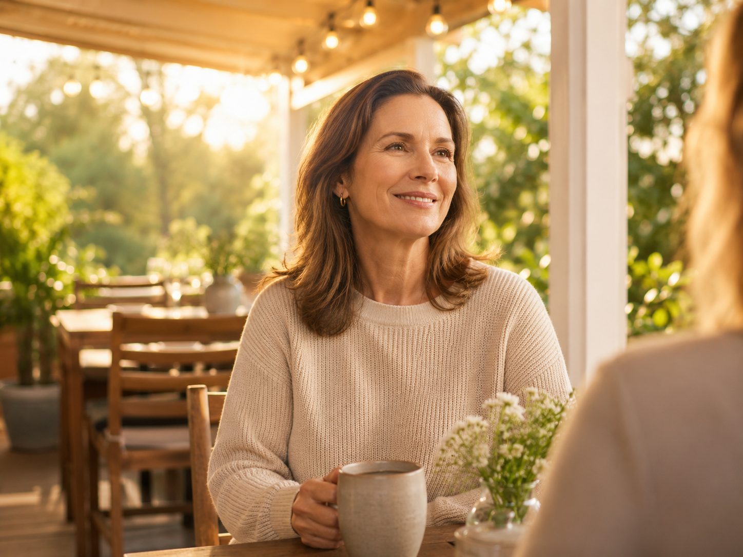 Older woman enjoying coffee on a patio